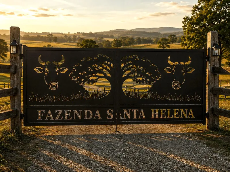 Porteira de fazenda em metal cortado a laser, com bois e árvores