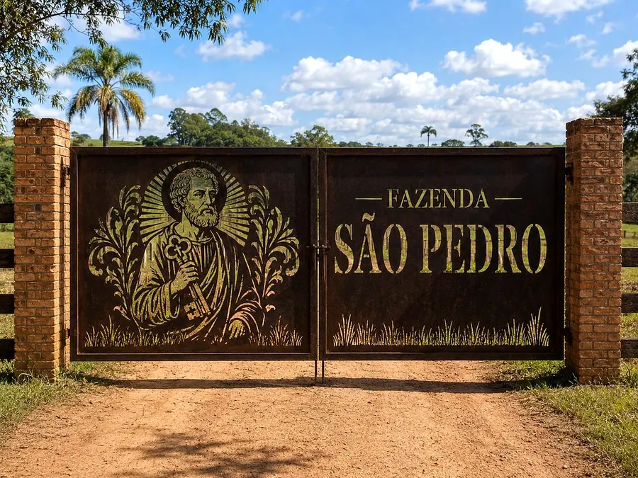 Porteira Fazenda São Pedro em metal, com abertura central